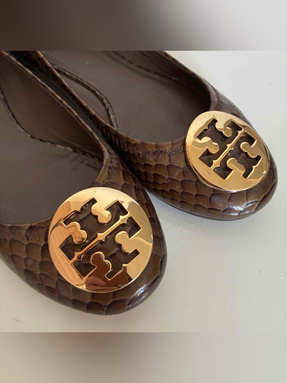 Tory Burch Chocolate Brown Snakeskin Logo Ballet Flats